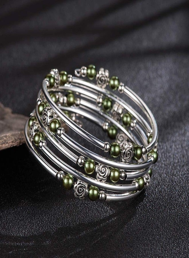 BULINLIN Wrap Bangle Rose Bead Bracelet - Beaded Bracelet with Natural Agate Stone Gifts For Women(01-Olive green pearl) - Image 4